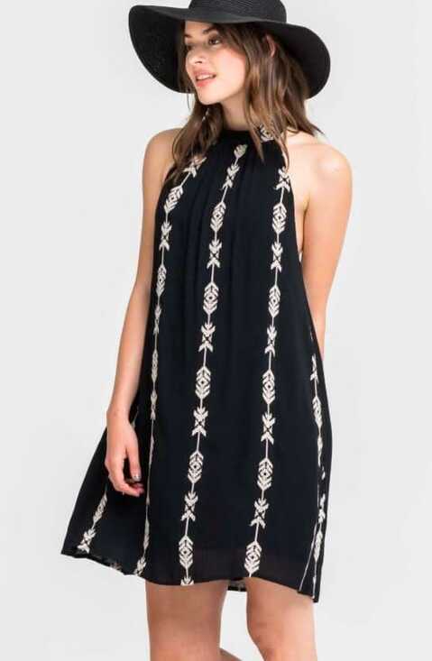 Lush Dresses & Skirts - Lush Boho Halter Dress Sz Med Black Embroidered Shift Festival Cowgirl Flowy LBD